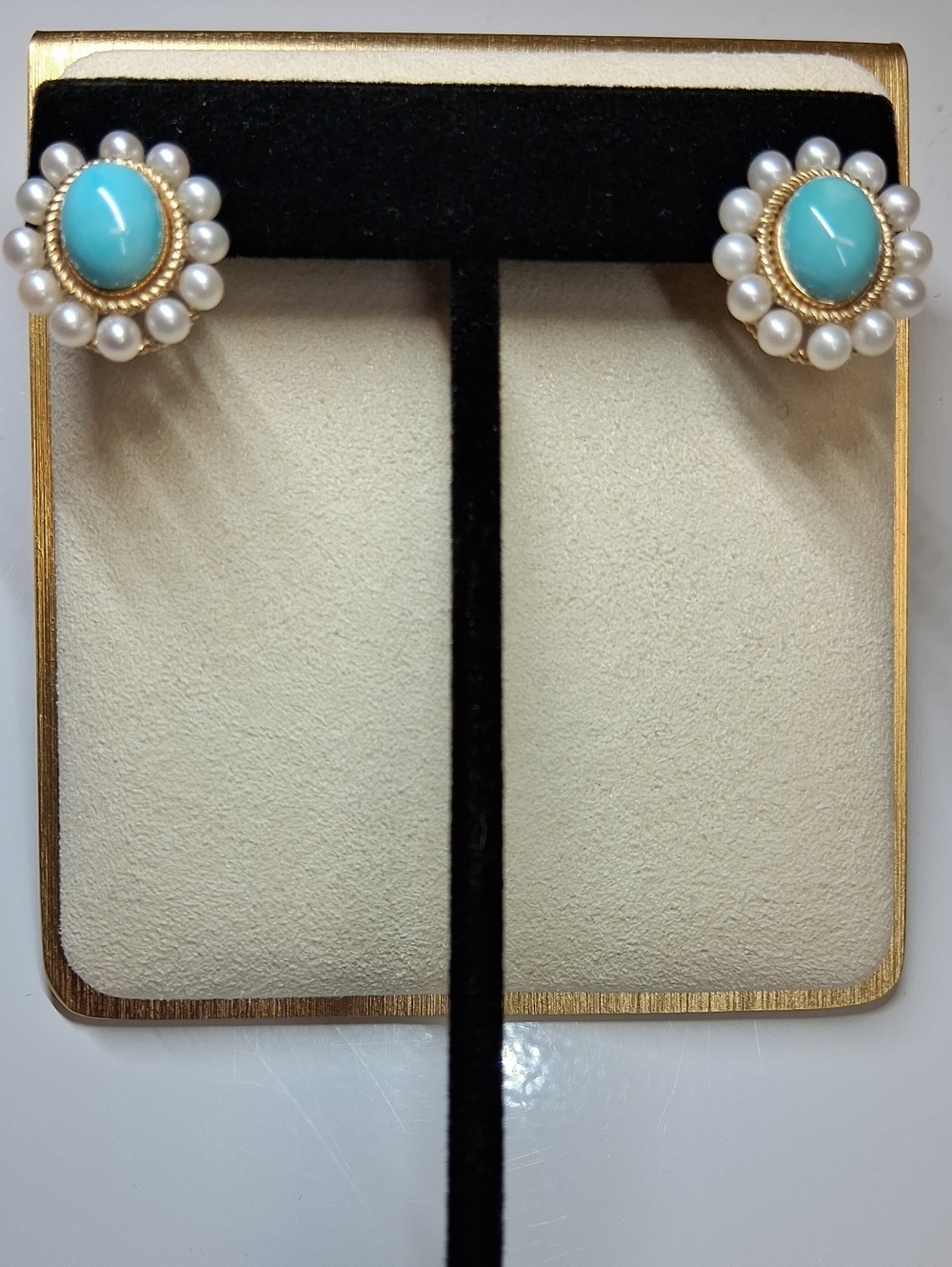 Ross-Simons Turquoise and White Pearl 14kt Yellow Gold Stud Earrings
